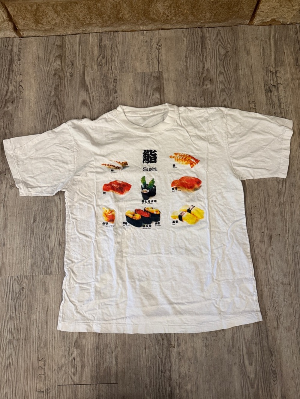 White Sushi Graphic Tee with Colorful Sushi Prints